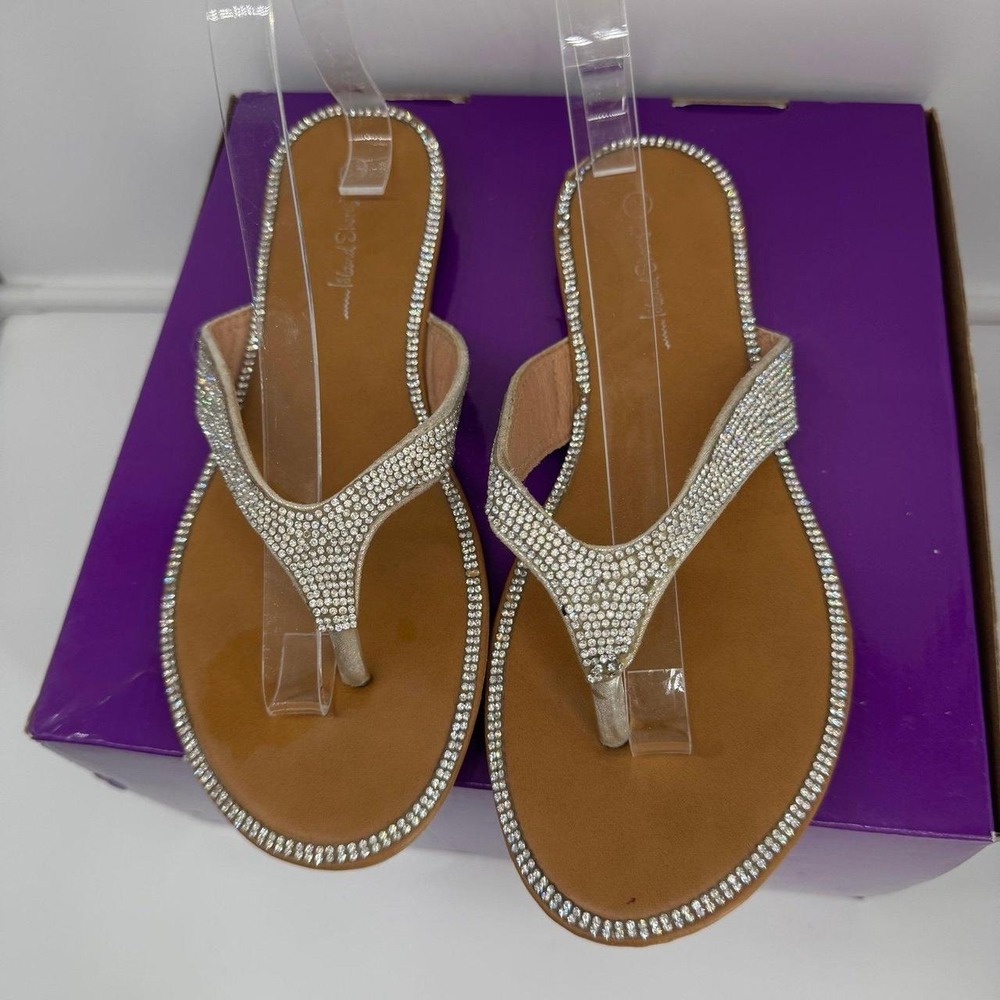 Island Shores Rhinestone Thong Sandals Flat Slides Silver Bling Size 8.5